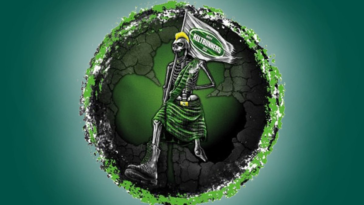 Das Logo der United Kiltrunners aus Fürth zeigt ein Skelett mit blonden Iro, Kilt und Fahne.