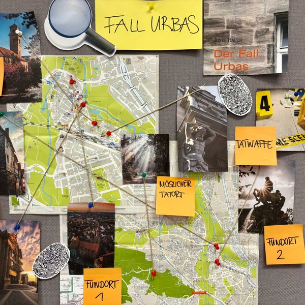 Mindmap mit Fotos, Spuren und Notizen, die verschiedene Hinweise zu einem komplexen Kriminalfall verbinden