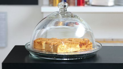 Unter einer Glasglocke liegt ein Zitronenkuchen im Café des Jüdischen Museums Franken