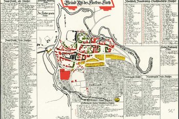 Alte Karte des historischen Stadtkerns von Fürth mit eingefärbten Gebäuden der drei Herren