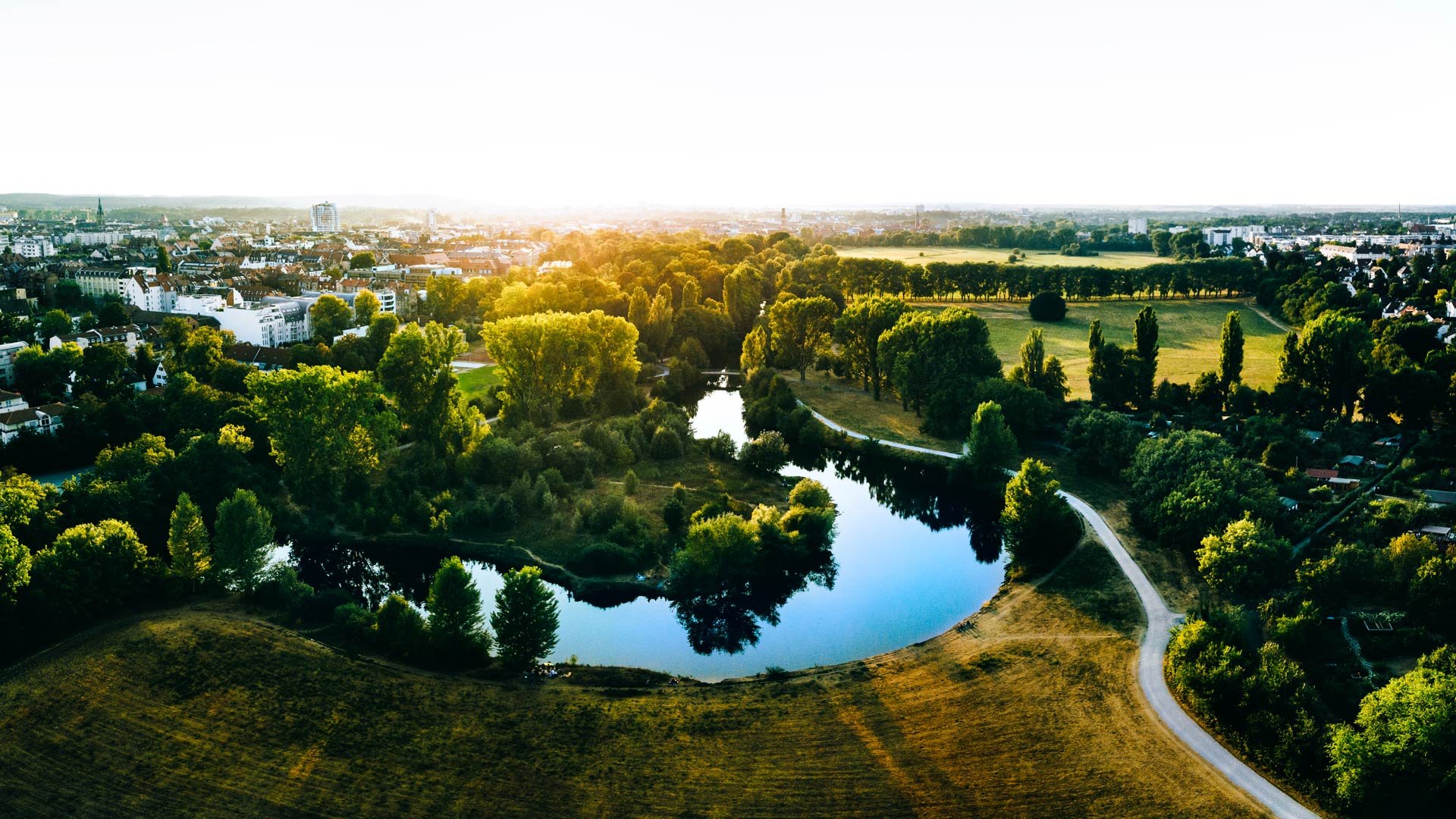 Blick auf grüne Bäume, Wiesen und die Fürther Innenstadt mit Altstadt im Hintergrund.