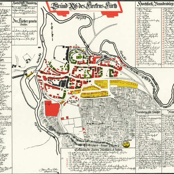 Historische Karte mit Gebäuden und Besitzverhältnissen der drei Herrschaften im alten Fürth