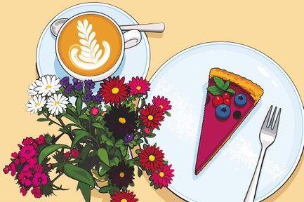Illustration von oben mit Cappuccino, einem Stück Beerentorte und einem bunten Blumenstrauß.