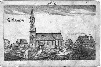 Kirche St. Michael in Fürth als historische Zeichnung mit dem damaligen Friedhof