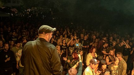 Von hinten fotografierter Gitarrist beim Open-Air am Lindenhain vor vom Bühnenlicht erhelltem Publikum