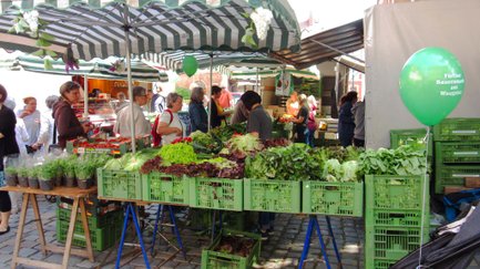 Kunden auf dem Fürther Bauernmarkt zwischen Ständen mit Obst und Gemüse