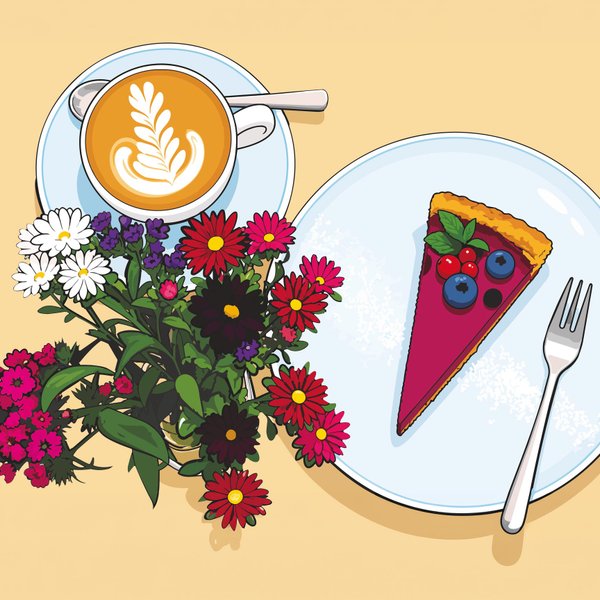 Illustration von oben mit Cappuccino, einem Stück Beerentorte und einem bunten Blumenstrauß.