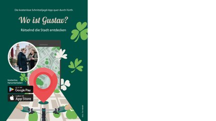 Flyer Wo ist Gustav, eine interaktive Schnitzeljagd mit Rätseln und Entdeckungstouren in Fürth