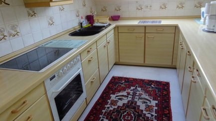 Voll ausgestattete Küche im Apartment Angelika in Fürth mit warmer Holzoptik