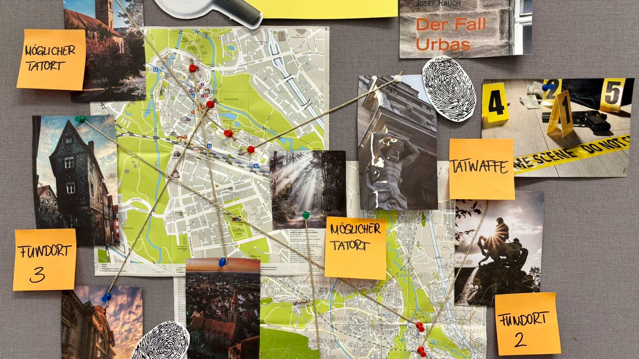 Mindmap mit Fotos, Spuren und Notizen, die verschiedene Hinweise zu einem komplexen Kriminalfall verbinden