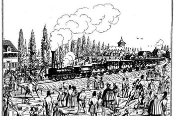 Historische Zeichnung der Ludwigseisenbahn auf ihrer Jungfernfahrt zwischen Nürnberg und Fürth im 19. Jahrhundert