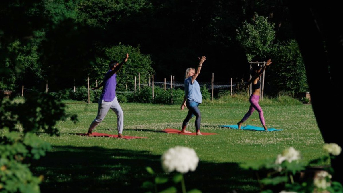 Drei Personen üben Yoga auf einer grünen Wiese im Fürther Stadtpark an einem sonnigen Sommertag.