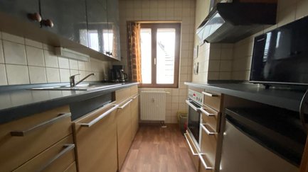 Gut ausgestattete Küche im Apartment Falke in Fürth mit Herd und Mikrowelle