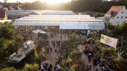 Besucher genießen Wege, Sträucher und Gewächshäuser auf dem Gelände des Festgartenfests.