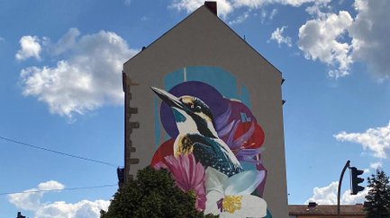 Hauswand mit Vogel, weißen, rosafarbenen und lilafarbenen Blumen.