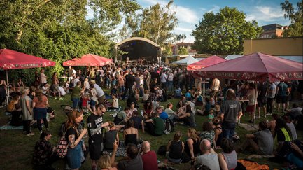 Menschen auf Picknickdecken und stehend beim Open-Air am Lindenhain, während eine Band auf der Bühne spielt