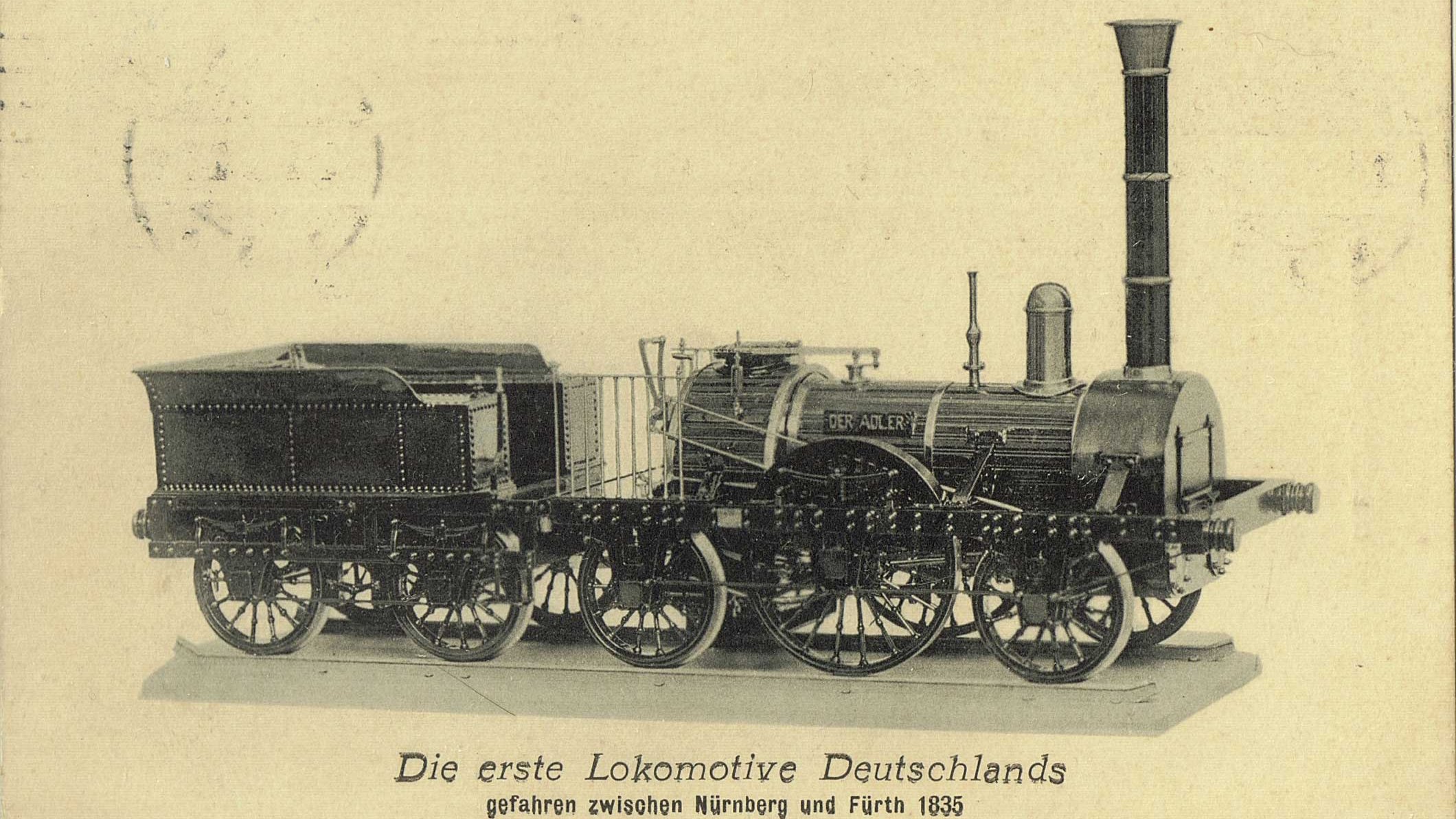 Die Adler-Lokomotive verbindet Fürth und Nürnberg auf der ersten deutschen Eisenbahnstrecke aus dem 19. Jahrhundert
