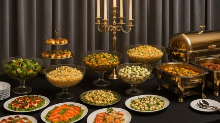 Gedeckter Tisch im First Class Event Fürth mit Buffet, Kerzenhalter und verschiedenen Gerichten