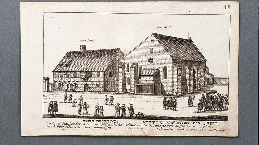 Skizze der alten und neuen jüdischen Schulen in Fürth mit Menschenversammlungen davor.