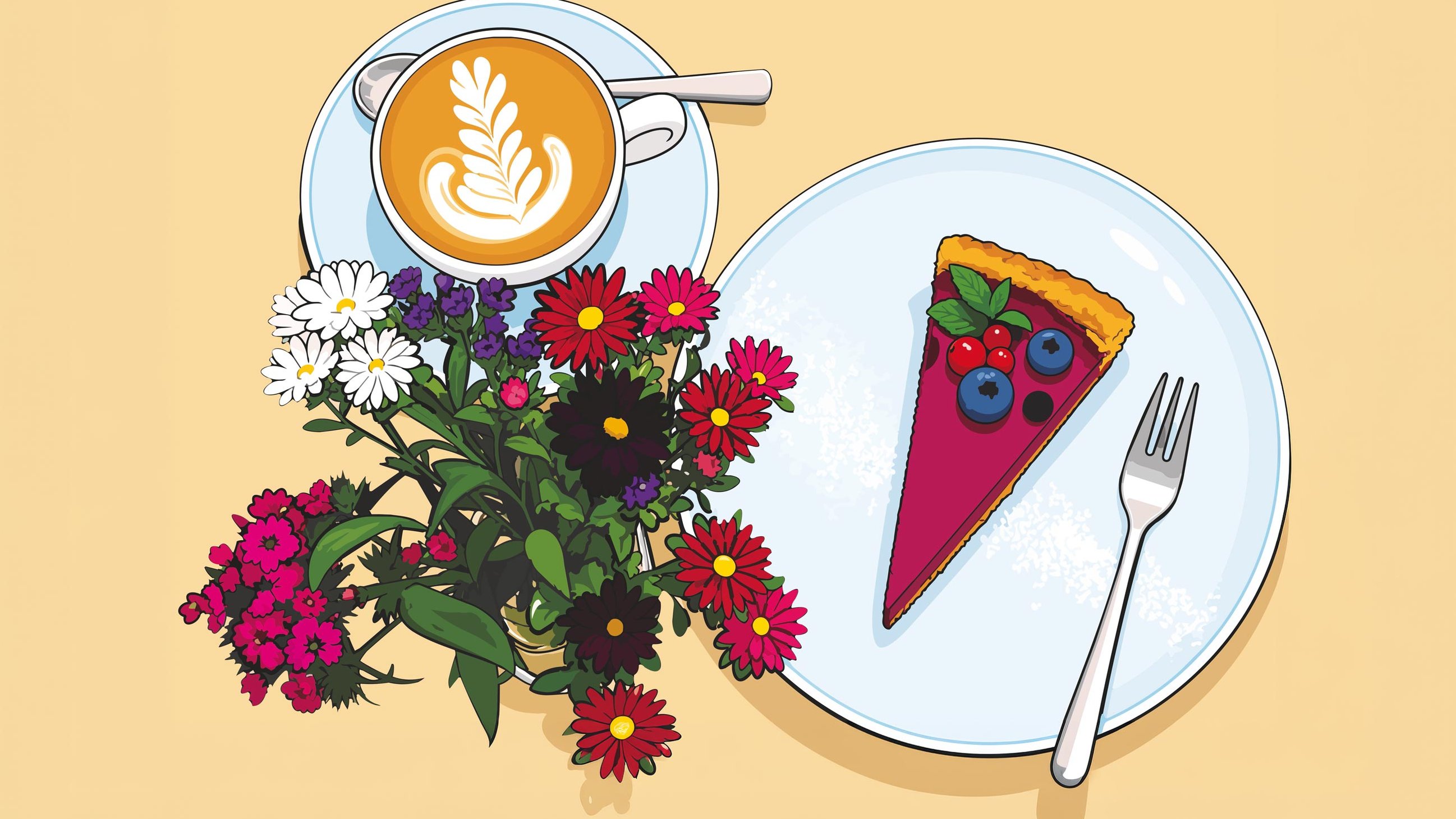 Illustration von oben mit Cappuccino, einem Stück Beerentorte und einem bunten Blumenstrauß.