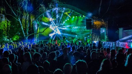 Publikum schaut auf die farbig beleuchtete Bühne des Open-Air am Lindenhain, auf der eine Band spielt