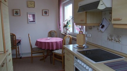 Kleiner Essbereich im Apartment Angelika in Fürth mit Pflanzen und Bildern neben der Küche