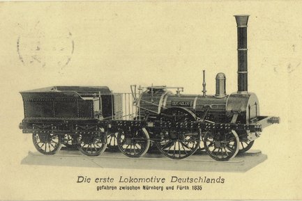 Darstellung der Dampflok Adler auf der ersten deutschen Eisenbahnstrecke Fürth und Nürnberg