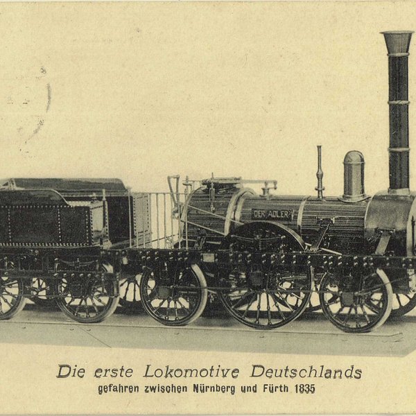 Die Adler-Lokomotive verbindet Fürth und Nürnberg auf der ersten deutschen Eisenbahnstrecke aus dem 19. Jahrhundert
