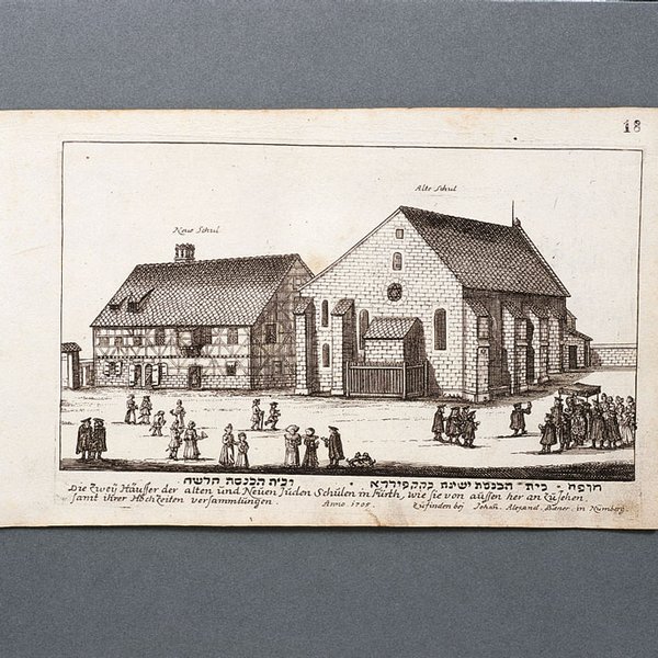 Skizze der alten und neuen jüdischen Schulen in Fürth mit Menschenversammlungen davor.