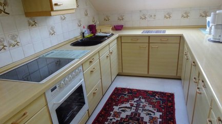 Voll ausgestattete Küche im Apartment Angelika in Fürth mit warmer Holzoptik