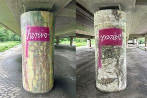 Kunst trifft Pedale Die Säulen von einer Brücke in Fürth, wurden so bemalt, dass sie wie die Rinde eines Baumes aussehen. Darauf befindet sich in weißer und rosa Farbe eine Aufschrift.