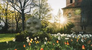 Stadtpark Fürth Der Fürther Stadtpark an einem Frühlingmorgen. Im Vordergrund sind viele Tulpen und Frühblüher in weiß und orange und im Hintergrund sind die Auferstehungskirche und die aufgehende Sonne.